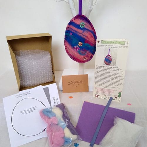 Handmade felt Easter egg craft kit contents unpacked and final product displayed - Oh Sew Creative