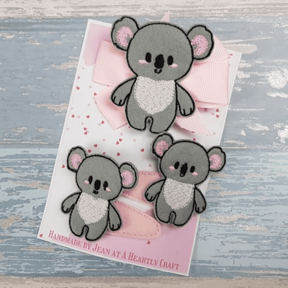 Grey Felt Koala Bear Hair Bow and Barrette Clip Set on Baby Pink