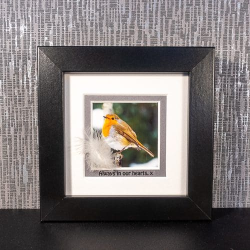 Robin with Feather & Sentimental message “Always in our hearts. x” grey, white or black framed picture by Pictures2Mixtures