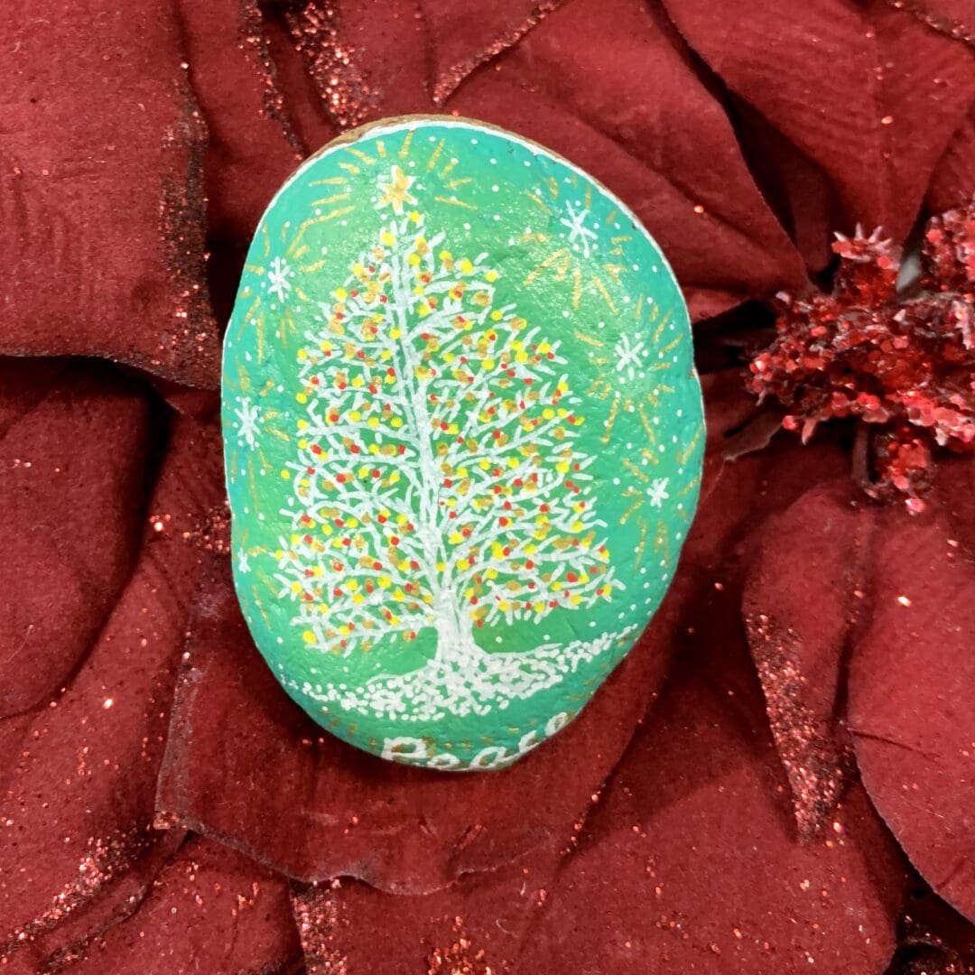 Christmas Tree Stone handpainted, festive tree, healing stone