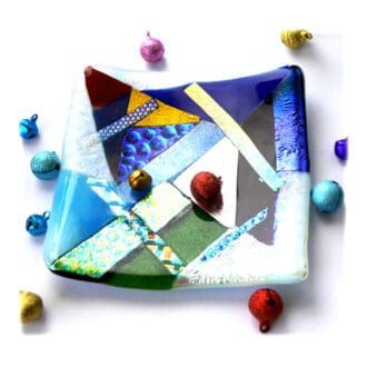 abstract dichroic patchwork square glass dish