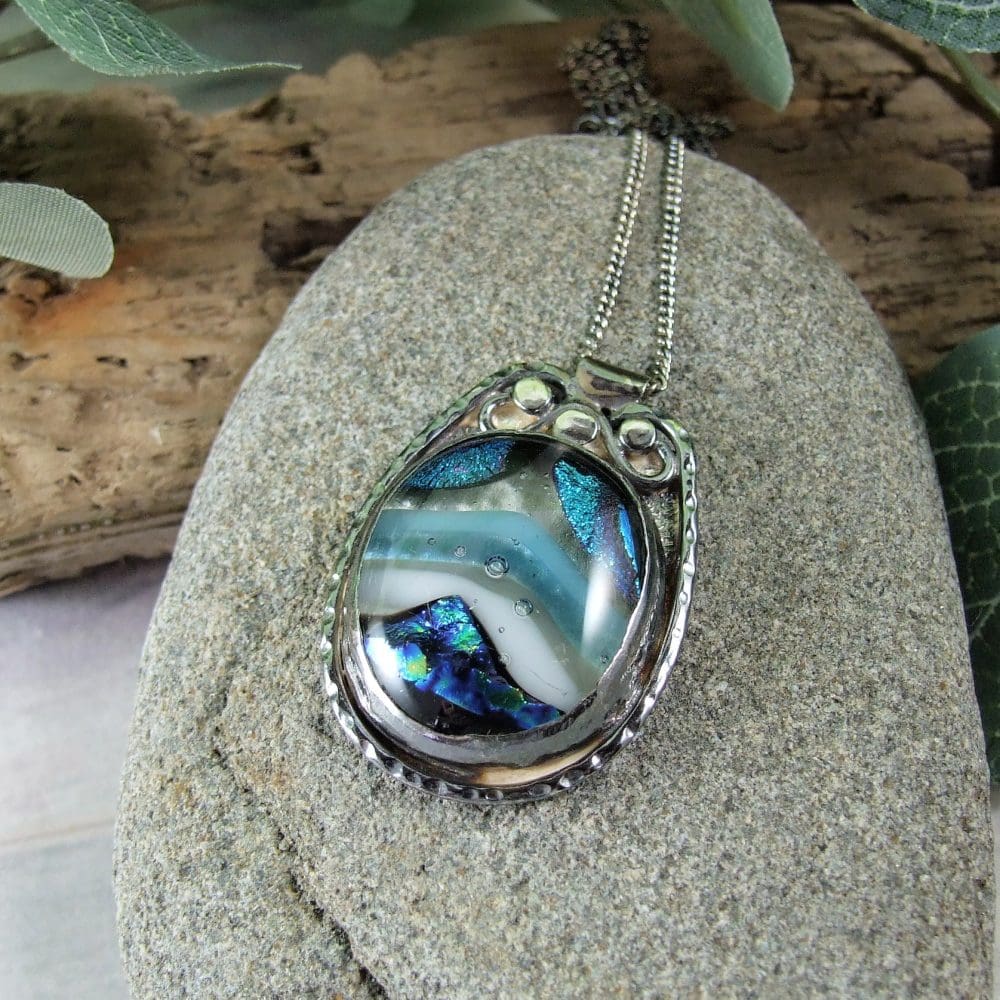 Silver with Blue Wave Dichroic Glass Necklace - The British Craft House