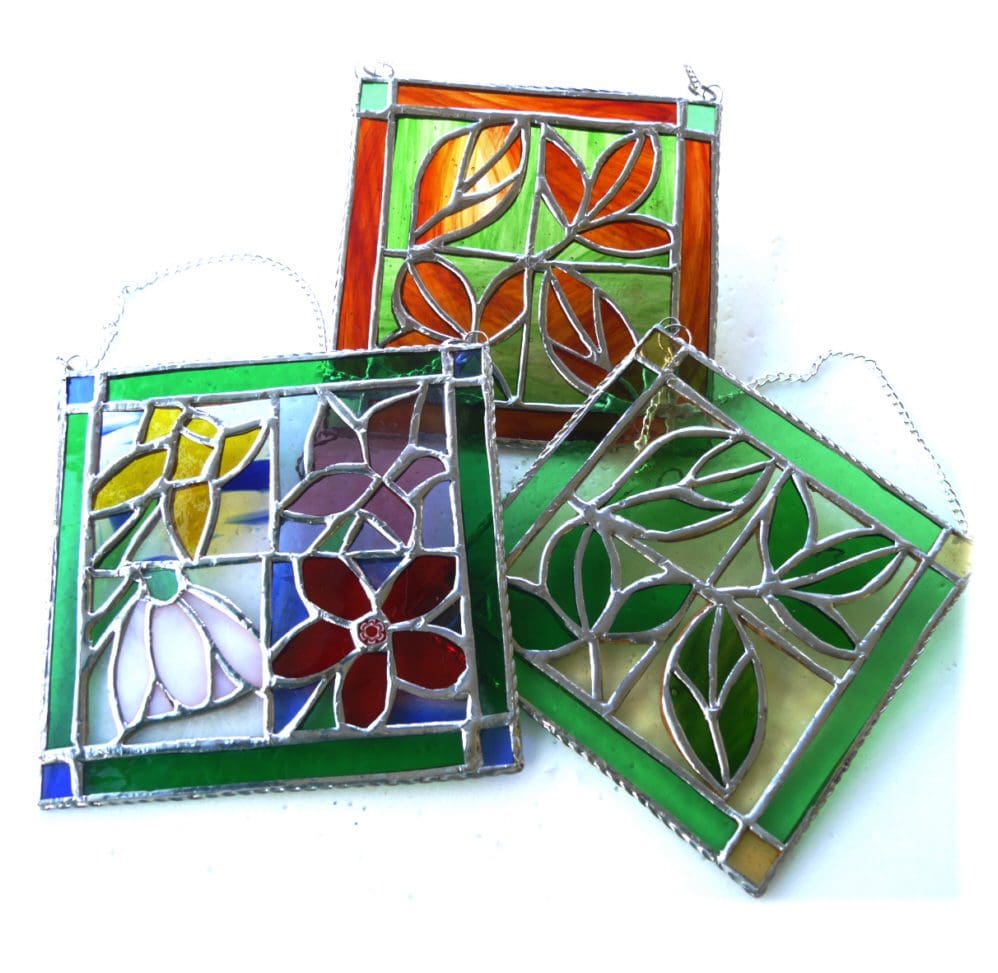 flower leaf leaves stained glass suncatcher tile framed