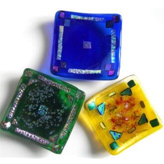 fused glass square dish yellow green blue dichroic