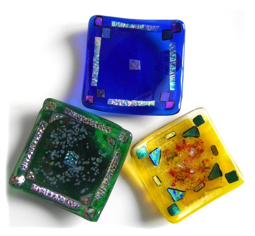fused glass square dish yellow green blue dichroic