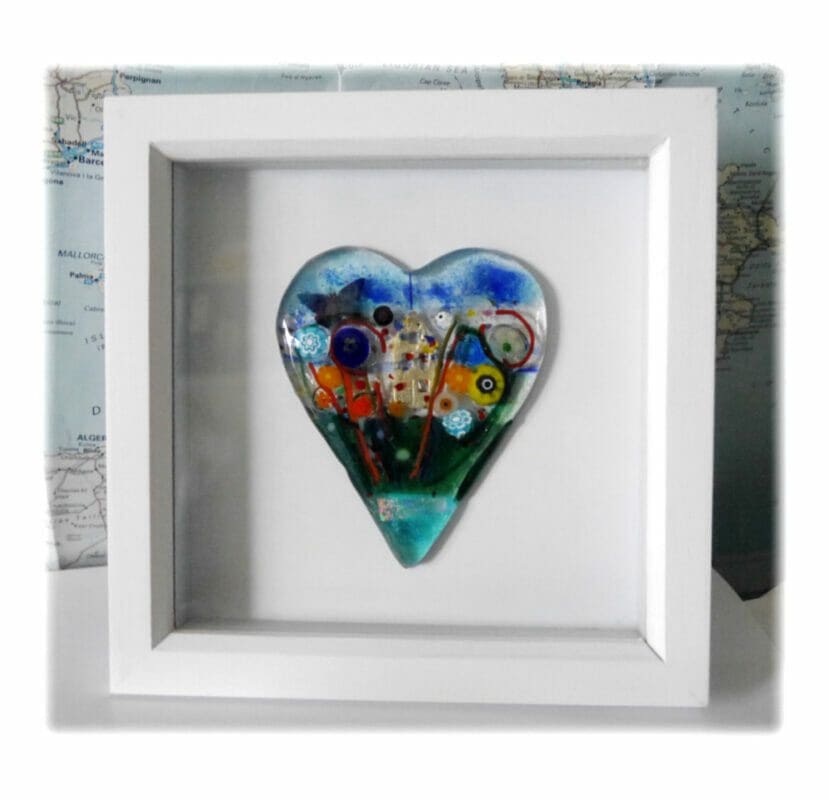 box framed glass heart fused garden art