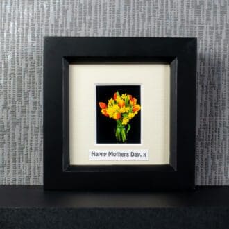 Red & Yellow Tulips with Narcissi in vase, framed photograph with optional message by Tracey Clarkson at Pictures2Mixtures