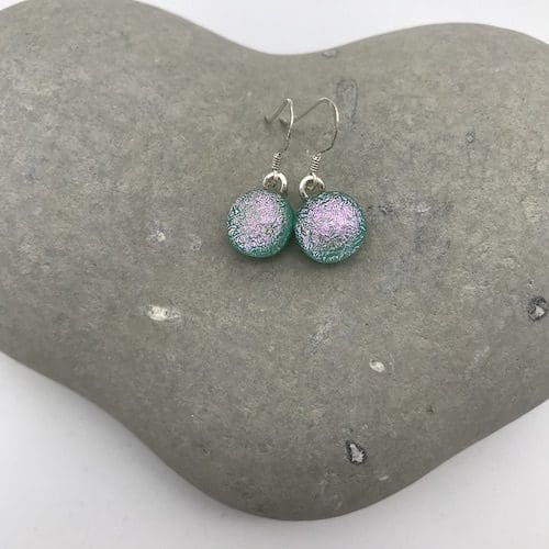 Teal / pink dichroic glass dangly earrings