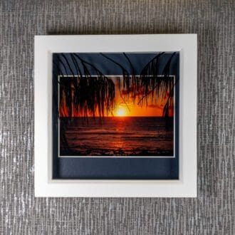 Painted Palm Tree Frond Silhouettes sway & border Australian Beach Sunrise photograph, framed artwork by Pictures2Mixtures