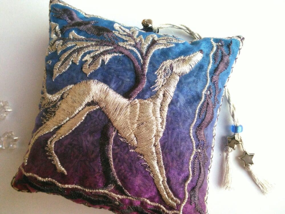 SALUKI and HARES, embroidered lavender bag | The British Craft House
