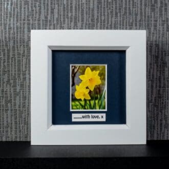 Two Bright Yellow Daffodils, framed photograph with optional message selection including “…with love. x” by Pictures2Mixtures