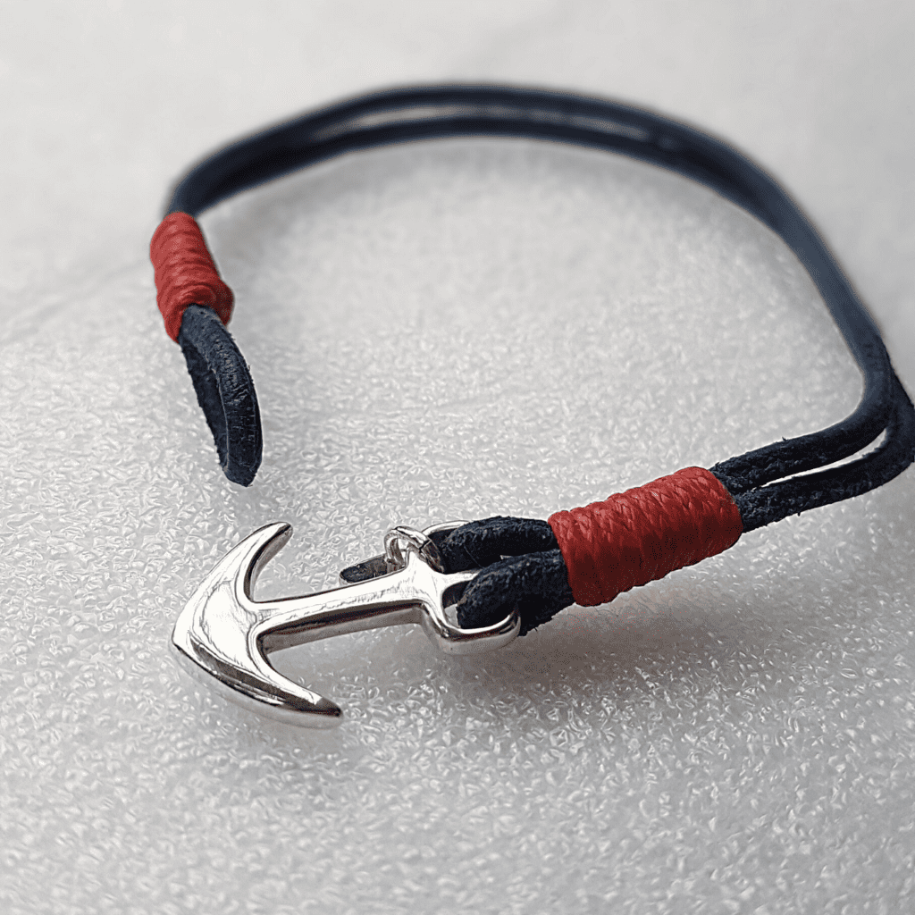 Men's Anchor Leather Bracelet, Silver, Handmade & Custom