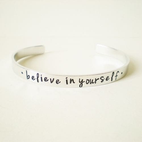 6mm aluminium adjustable bracelet hand-stamped with the words 'believe in yourself'