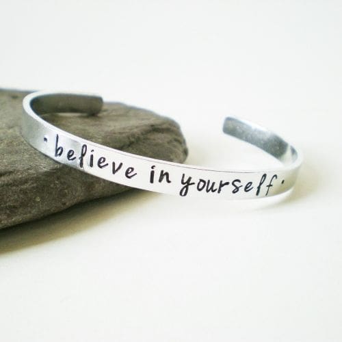 6mm aluminium adjustable bracelet hand-stamped with the words 'believe in yourself'