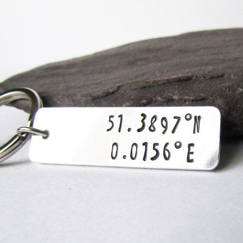 slim rectangular keyring hand-stamped with personalised coordinates