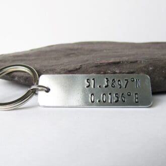slim rectangular keyring hand-stamped with personalised coordinates