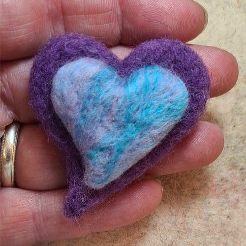 lilac and aqua needle felted heart brooch