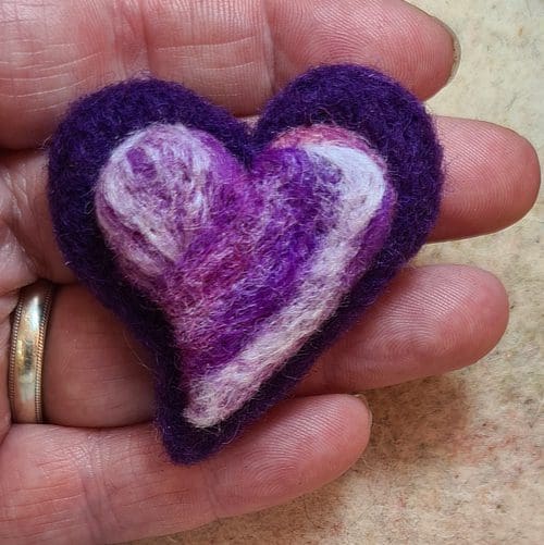 purpole and white needle felted heart brooch