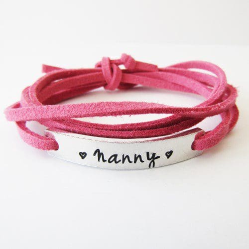 personalised name on an aluminium ID bar with a faux suede wrap style bracelet