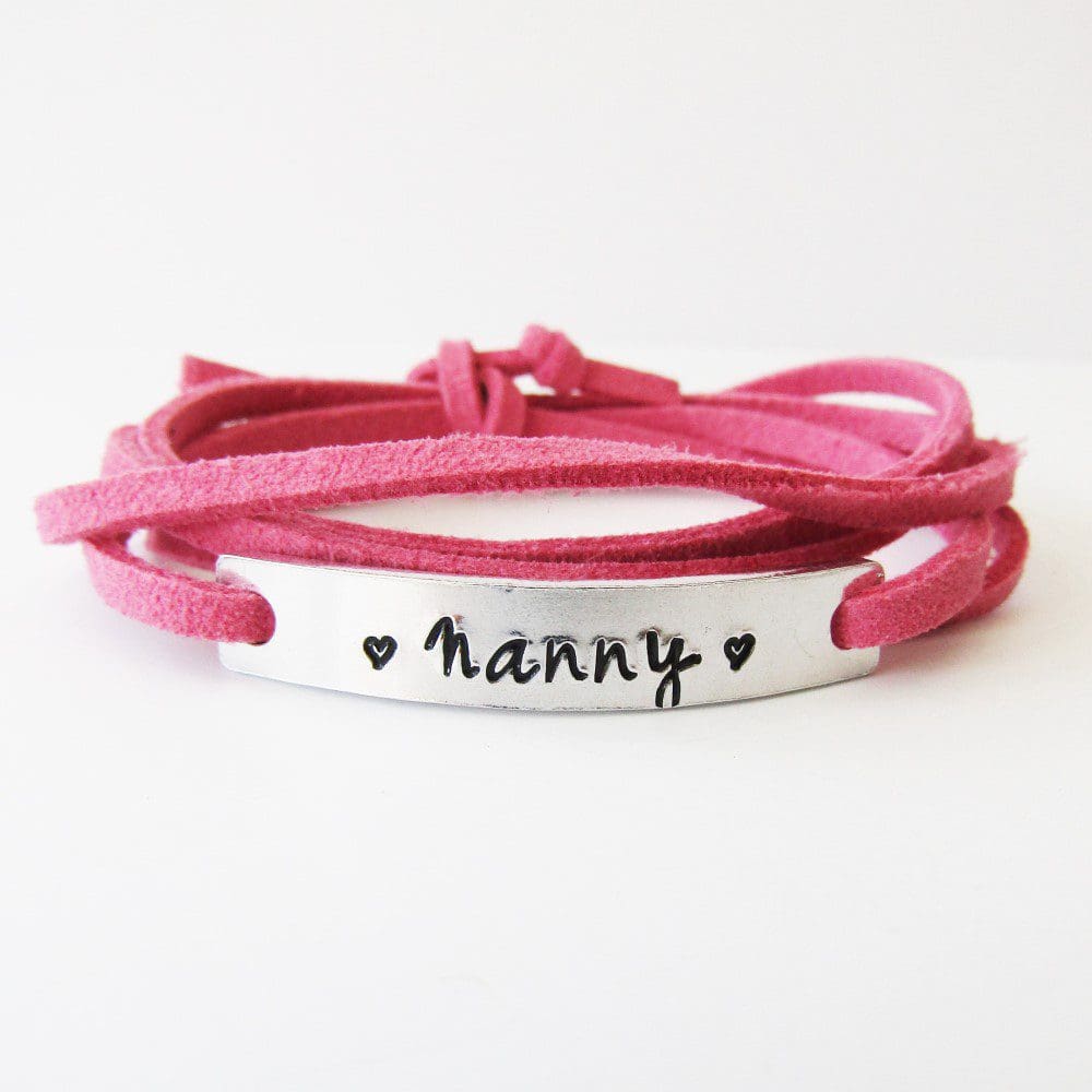personalised name on an aluminium ID bar with a faux suede wrap style bracelet