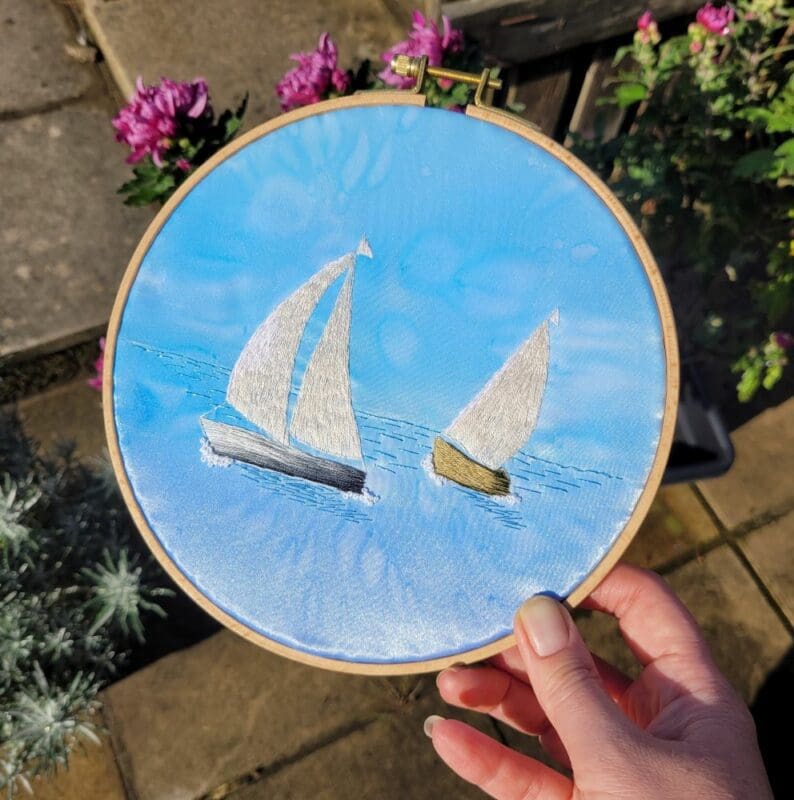 Shoreline of beach hand embroidered 4 inch hoop wall hanging