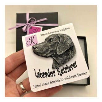 Labrador retriever portrait brooch or pin in finely detailed cold cast pewter.