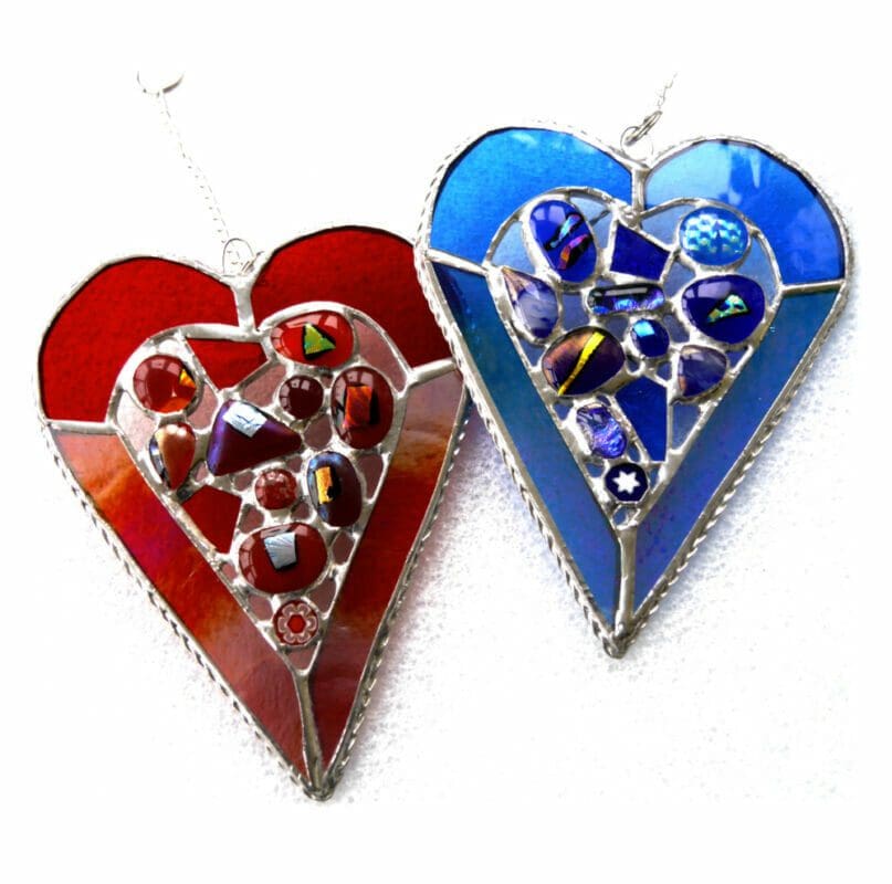 abstract heart stained fused glass red blue suncatcher