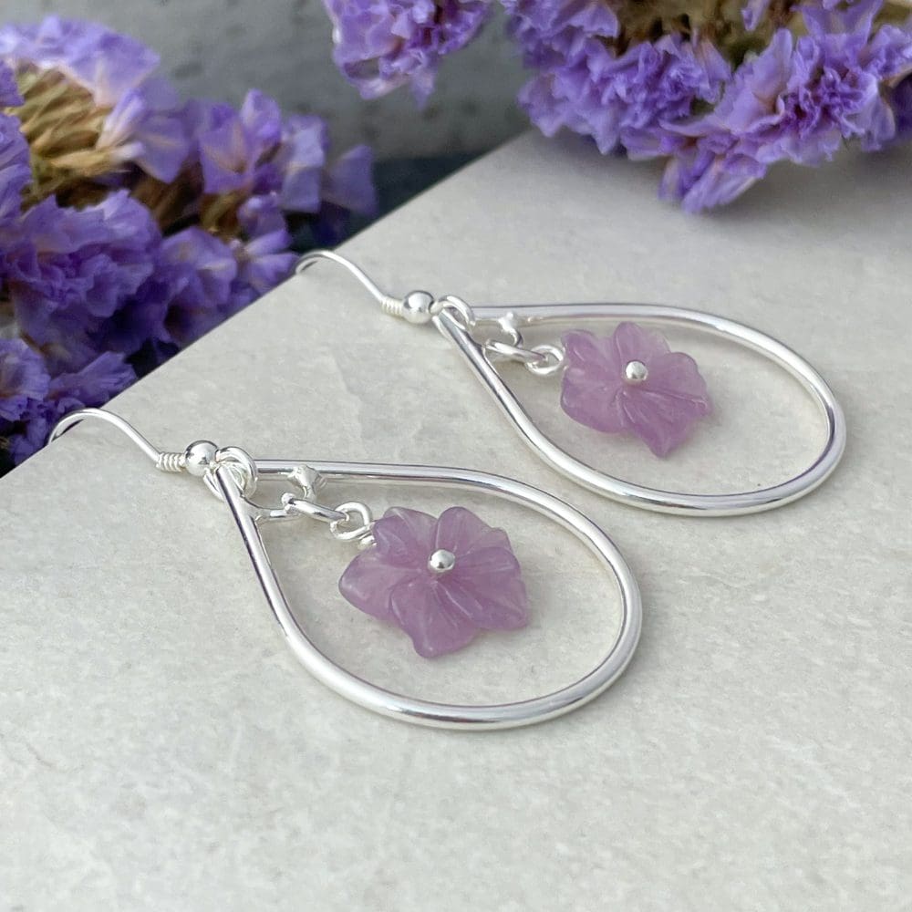 Amethyst gemstone flower earrings handmade in silver