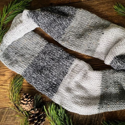 Double infinity scarf in block stripes of textured yarns in neutral shades of grey