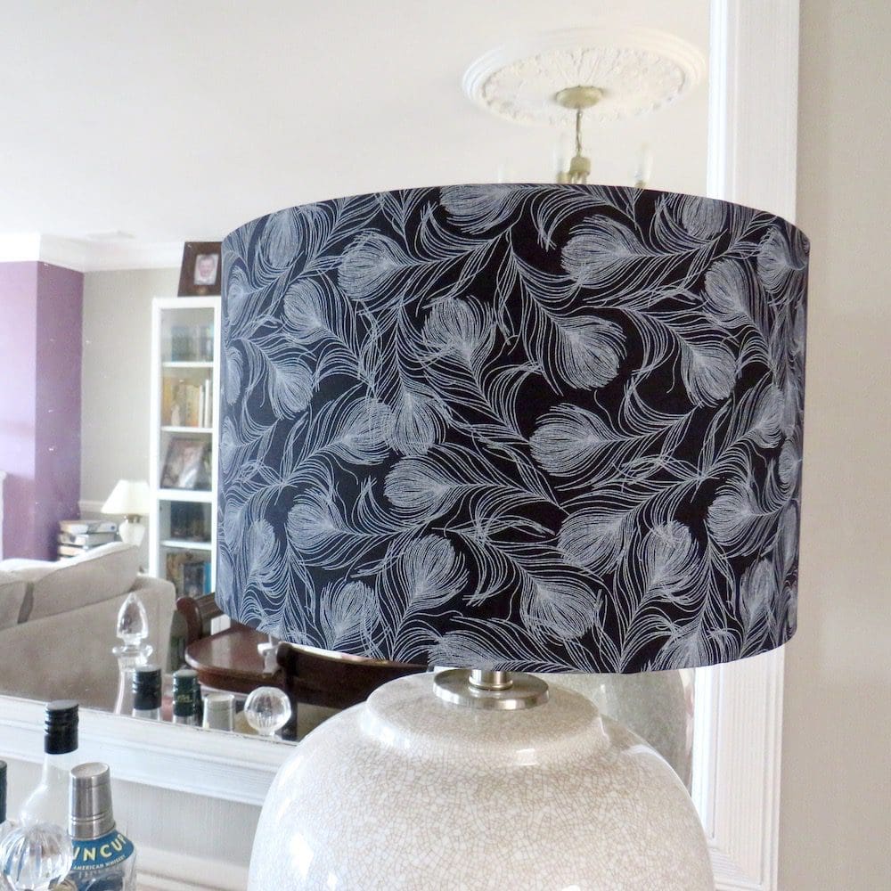 Handmade drum lampshade in a black feather print