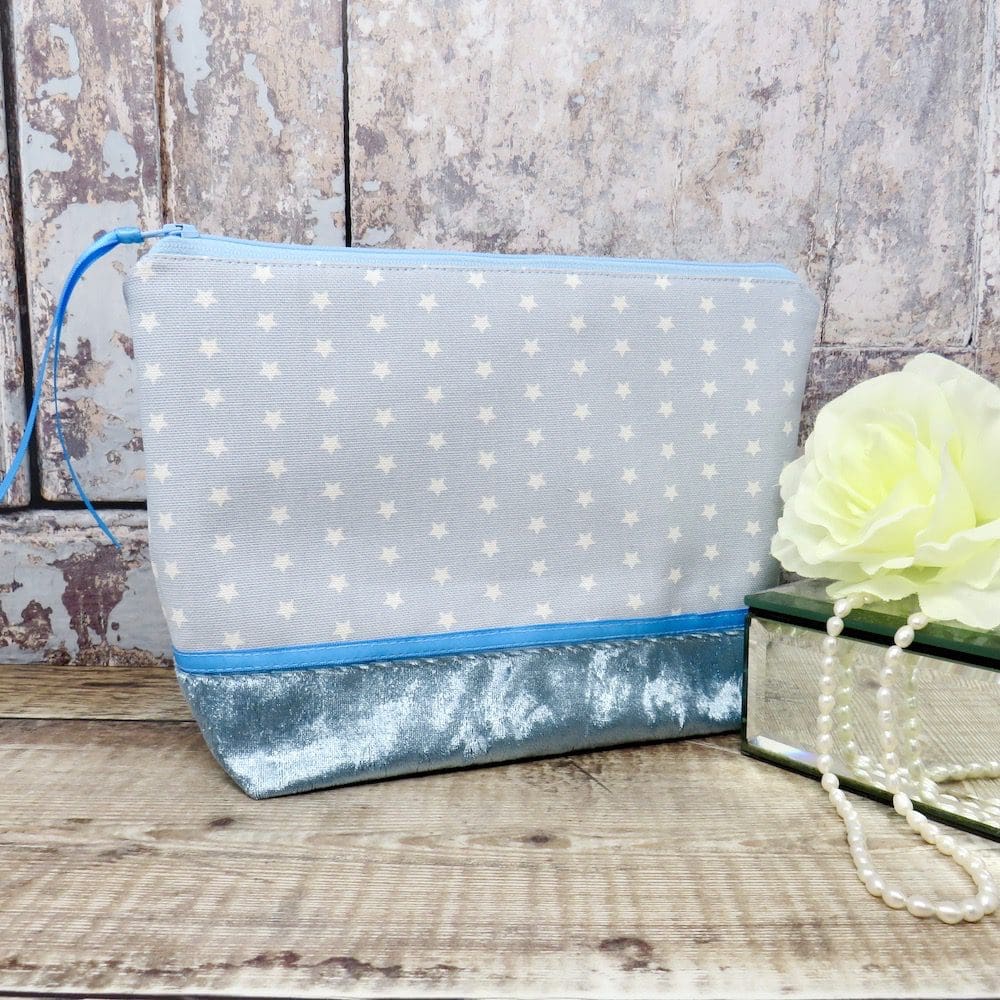 Handmade blue star print zipped makeup bag