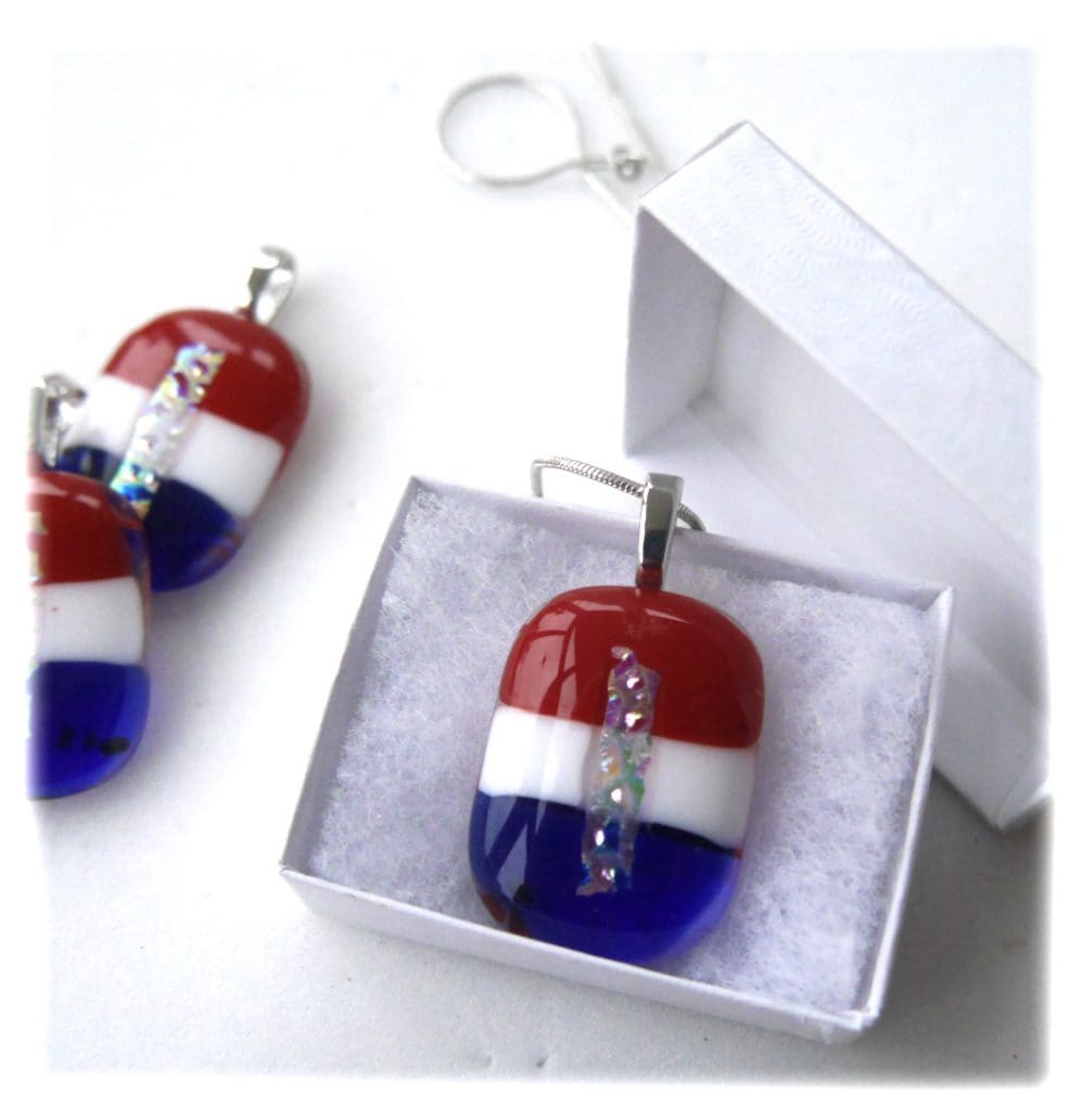 Patriotic pendant fused dichroic glass red white blue