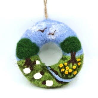 Needle felted countryside wreath with sheep and daffodils