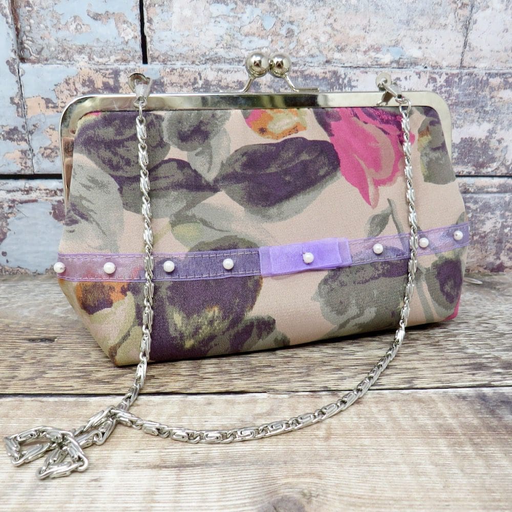 Handmade floral silk evening bag with a rope chain handle