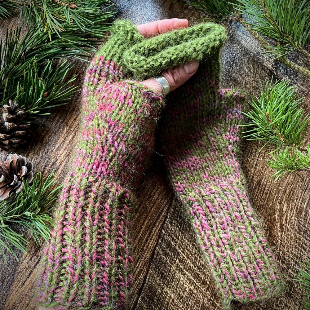Olive Green and pink fluffy hand knitted fingerless gloves