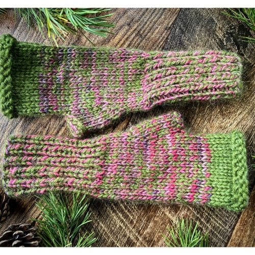 Fluffy olive green and pink hand knitted fingerless gloves