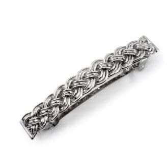 Large sterling silver basket weave hair barrette on a white background