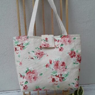 Medium size d handbag, pink flowers on cream