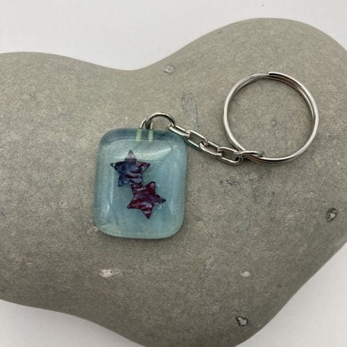 Copper stars on turquoise fused glass keyring