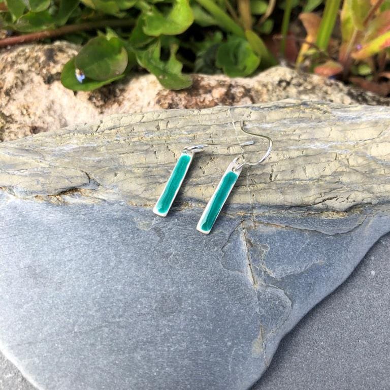 Recycled Silver & Turquoise Enamel Bar Drop Earrings