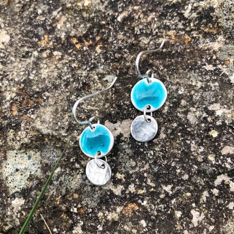 Recycled Silver Turquoise Enamelled Pebble Drop Earrings
