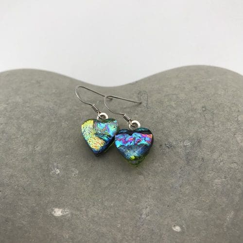 green heart dangly earrings