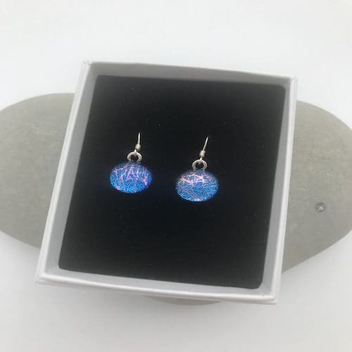 Blue and pink fibre pattern dichroic glass dangly earrings