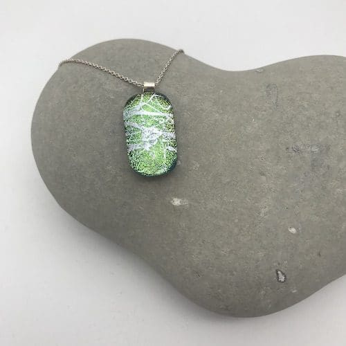 Yellow / green with silver swirl pattern dichroic glass necklace