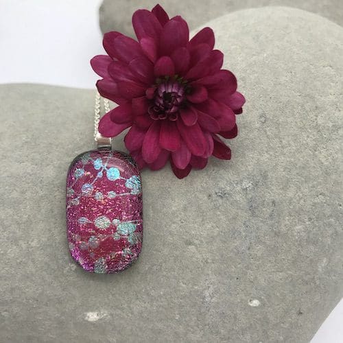 Pink /gold with turquoise science pattern dichroic glass necklace