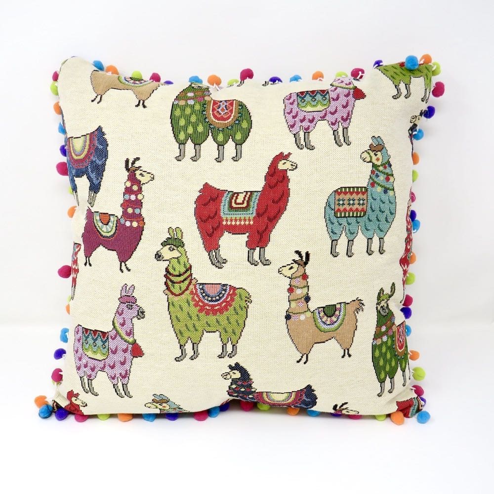 A fun llama cushion with a multi-coloured bobble trim