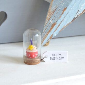 Miniature polymer clay birthday cake in glass cloche