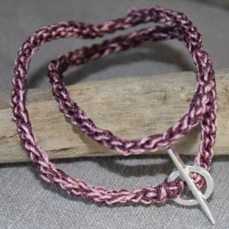 Pink and burgandy crochet bracelet with sterling silver toggle and t bar finding