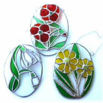 poppy snowdrop daisy suncatcher stained glass oval picture