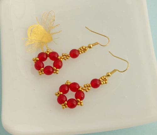 Red and Gold Tudor Rose Beaded Earrings | The British Craft House
